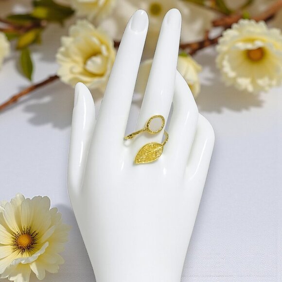 🆕️Boho Chic Turkish Adjustable Leaf Ring 18K Gold Plated Brass Pearl Accent - Picture 3 of 14